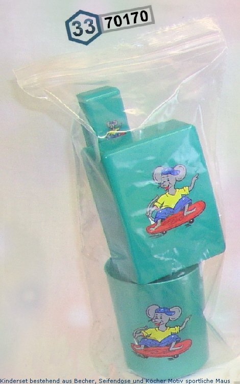 Kinderset bestehend aus Becher, Seifendose und K�cher Motiv sportliche Maus